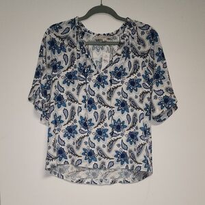 NWT LOFT Paisley Floral Tie Neck Mixed Media Blouse Blue & White Size M